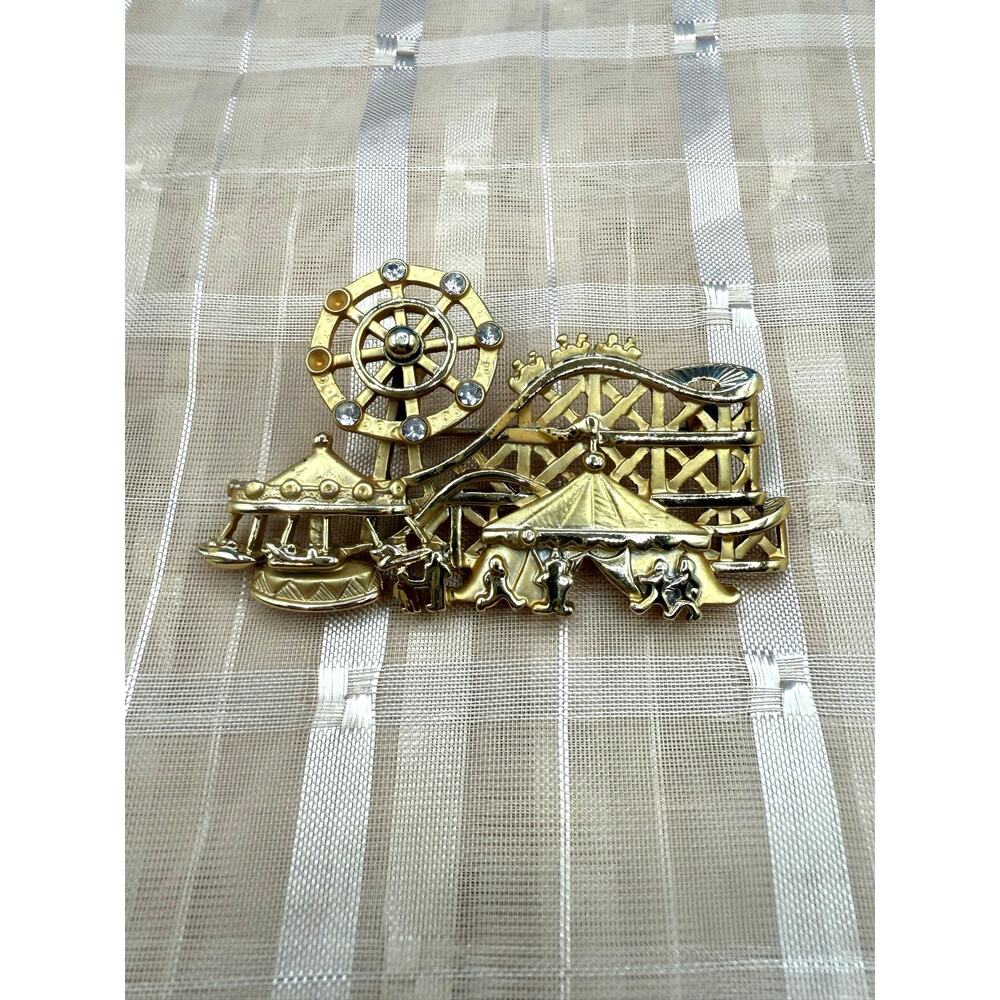 Vintage Gold Tone Amusement Park Brooch Carnival Ferris Wheel Roller Coaster Pin
